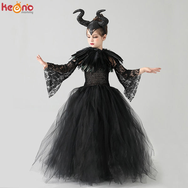 Black Devil Tutu Costume Gothic Halloween Girls Fancy Tutu Dress with Feather Gown Dress
